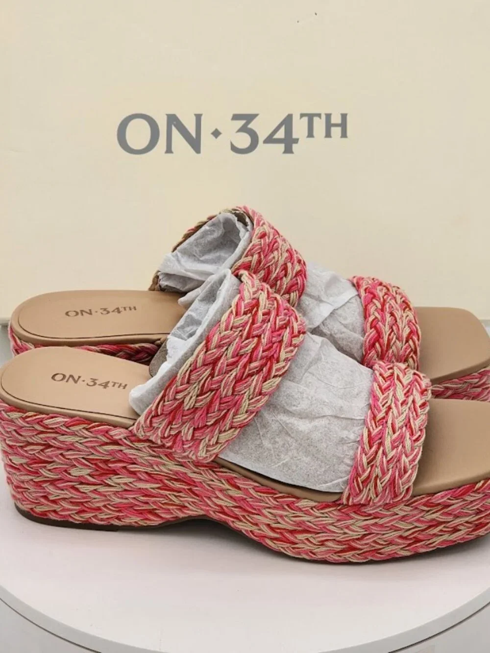 On 34th Norina Pink Multi Raffia Platform Wedge Sandals Women’s Size 9M